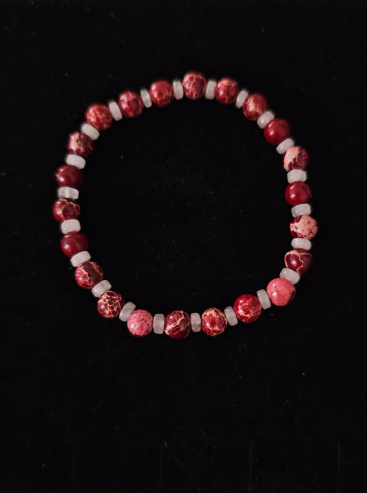 Bracelet élastique en quartz rose et jaspe impérial rouge