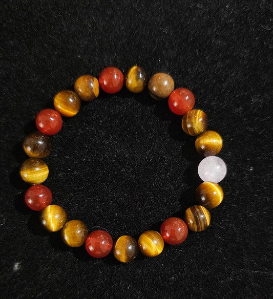 Bracelet œil de tigre, cornaline,quartz rose