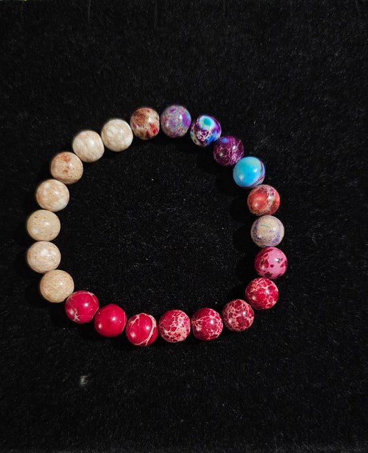 Bracelet en jaspe impérial rouge,violet, beige.