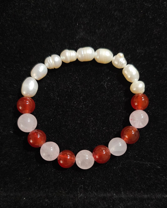 Bracelet en quartz rose et cornaline, perles de culture